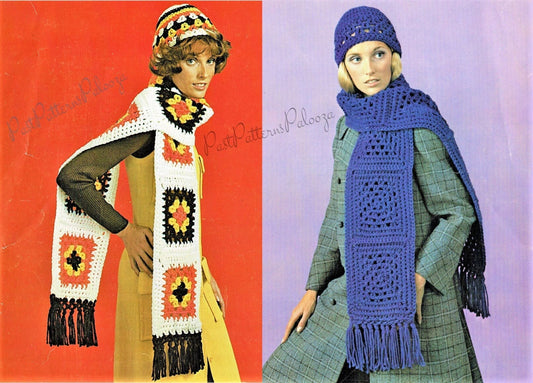 Vintage Crochet Pattern Womens Granny Square Scarf and Hat Sets Boho Chic PDF Instant Digital Download One Size 12 Ply