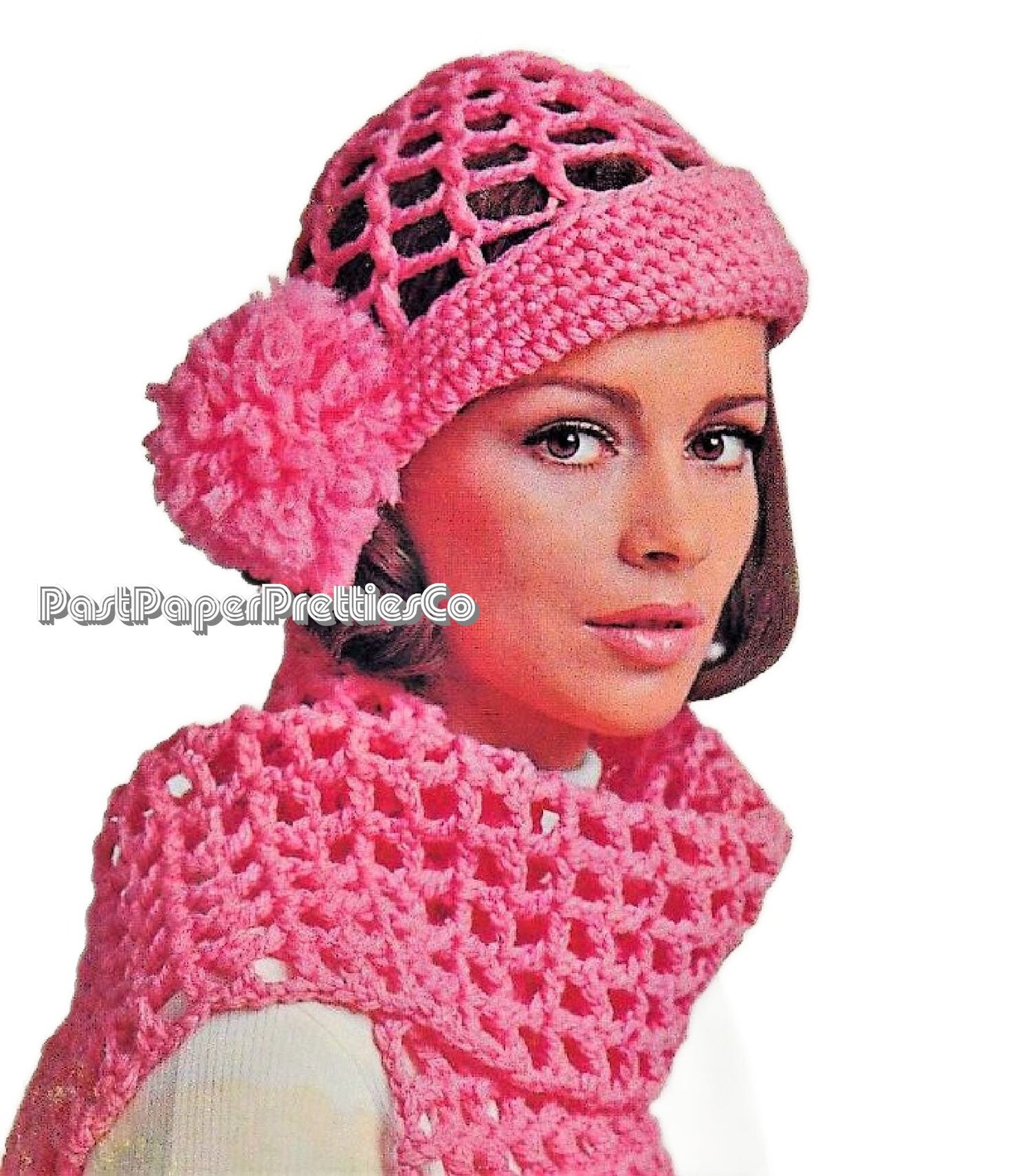 Vintage Crochet Pattern Womens Groovy Mesh Net Hat Scarf Set Boho Chic PDF Instant Digital Download Side Pompom 12 Ply