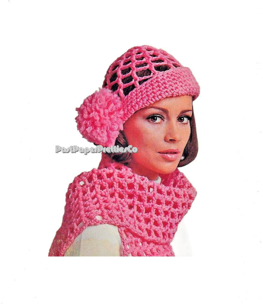 Vintage Crochet Pattern Womens Groovy Mesh Net Hat Scarf Set Boho Chic PDF Instant Digital Download Side Pompom 12 Ply