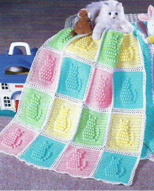 Vintage Crochet Pattern Popcorn Stitch Kitty Cat Afghan PDF Instant Digital Download Cat Lovers Baby Blanket Throw 35x45