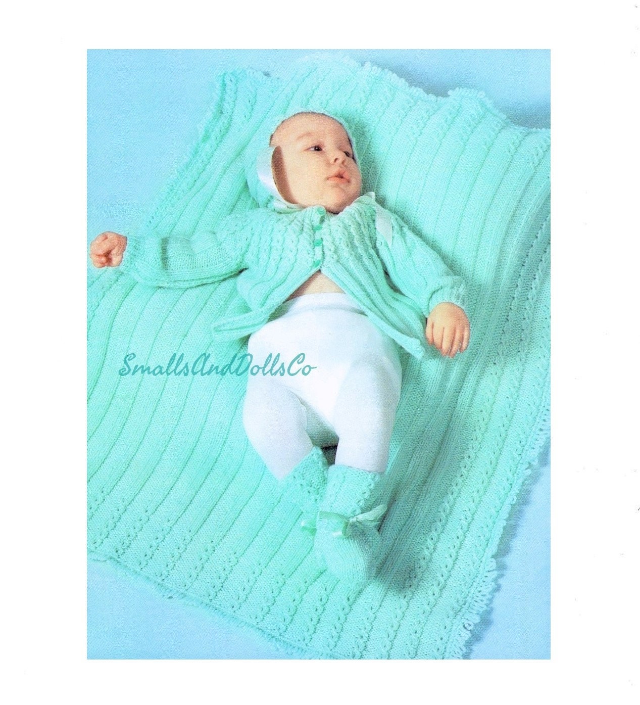 Vintage Knitting Pattern Cute Baby Layette Set 4 Pieces PDF Instant Digital Download Jacket Blanket Bonnet Booties 6-12m  12 Ply