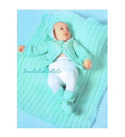Vintage Knitting Pattern Cute Baby Layette Set 4 Pieces PDF Instant Digital Download Jacket Blanket Bonnet Booties 6-12m  12 Ply