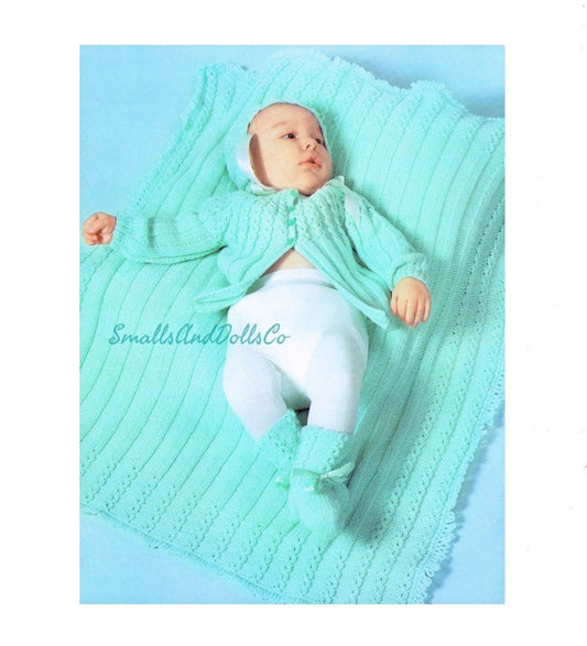 Vintage Knitting Pattern Cute Baby Layette Set 4 Pieces PDF Instant Digital Download Jacket Blanket Bonnet Booties 6-12m  12 Ply