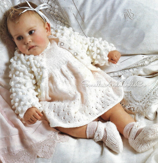 Vintage Knitting Pattern Pretty Baby Girl Bobble Cardigan Eyelet Lace Dress Shoes Set PDF Instant Digital Download 0-18m DK 8 Ply