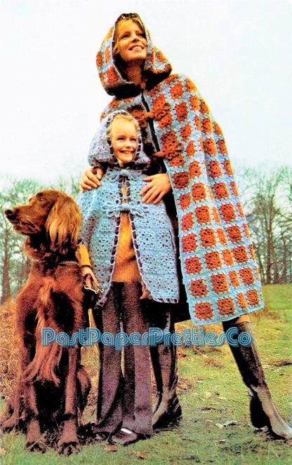 Vintage Crochet Pattern Women and Childs Killarney Cloaks Granny Square Capes PDF Instant Digital Download Retro Hooded Coats DK
