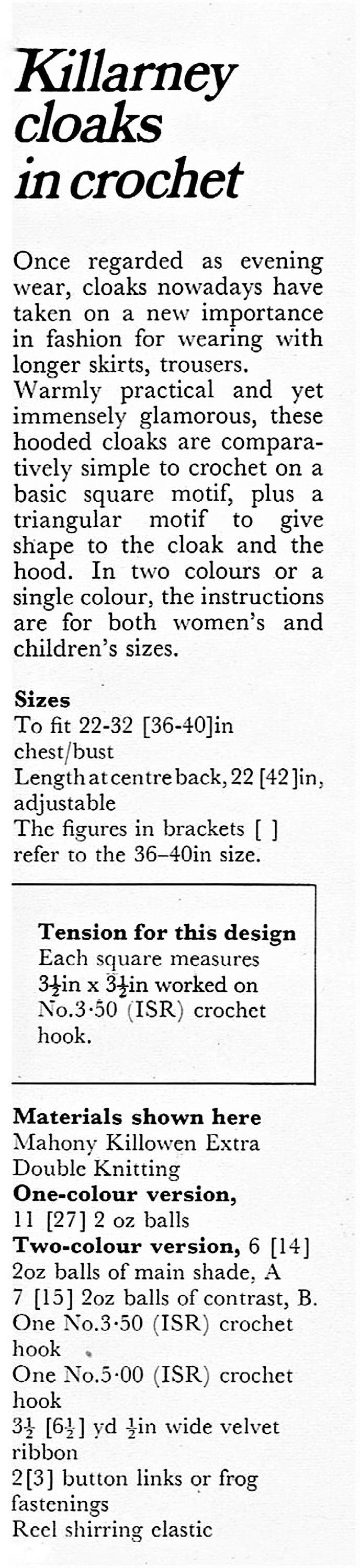 Vintage Crochet Pattern Women and Childs Killarney Cloaks Granny Square Capes PDF Instant Digital Download Retro Hooded Coats DK