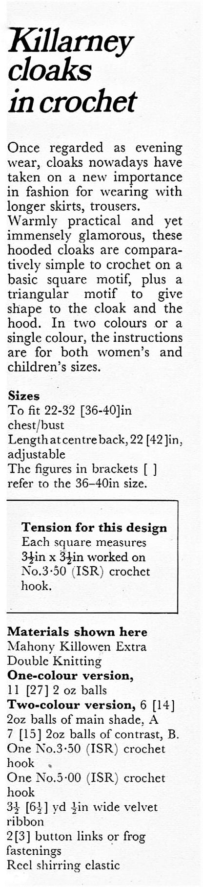 Vintage Crochet Pattern Women and Childs Killarney Cloaks Granny Square Capes PDF Instant Digital Download Retro Hooded Coats DK