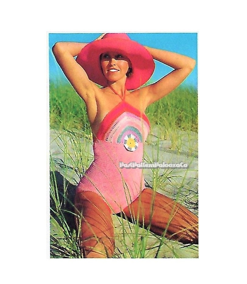 Vintage Crochet Pattern Halter Top Bathing Suit Sunrise Rainbow Medallion Swimsuit PDF Instant Digital Download Retro 70s Mod Hippie Chic