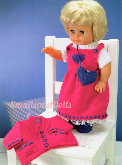 Vintage Knitting Pattern Doll Pinafore Dress Cardigan Sweater Purse Shoes Socks 12-14 15-18 19-22 Inch Dolls PDF Instant Digital Download DK