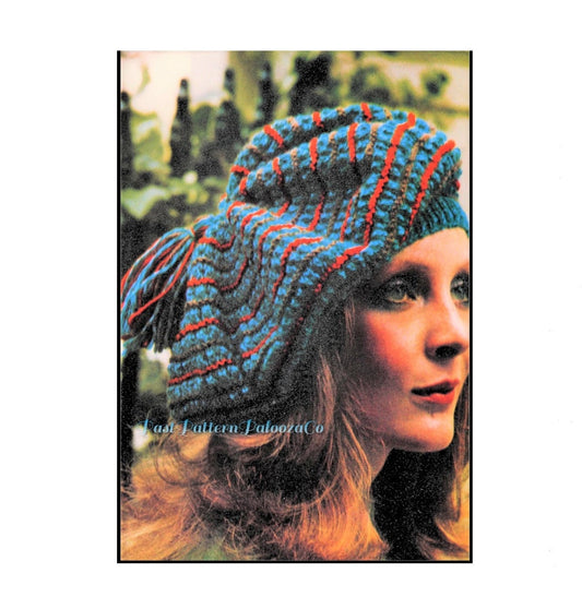 Vintage Knitting Pattern Womens Oversized Tam Hat PDF Tasseled Striped Beret PDF Instant Digital Download Retro 70s DK