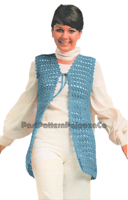 Vintage Crochet Pattern Womens Long Lace Maxi Vest Front Tie Waistcoat PDF Instant Digital Download Groovy Mod Boho Top DK Yarn