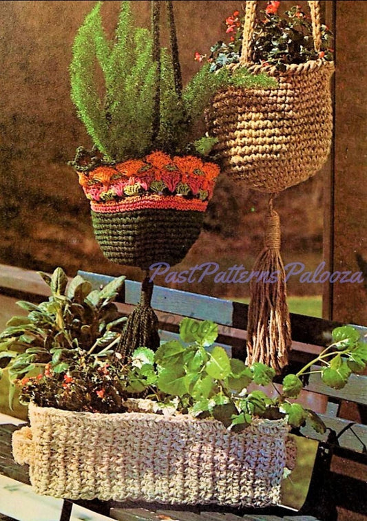 Vintage Crochet Plant Pot Holder Pattern Hanging Basket Planters & Box PDF Instant Digital Download 3 Designs Boho Garden Decor