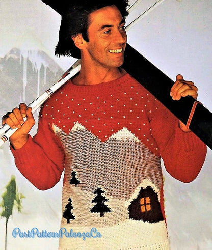 Vintage Crochet Pattern Northern Mountains Picture Sweater Winter and Summer Scene Versions PDF Instant Digital Download Unisex DK