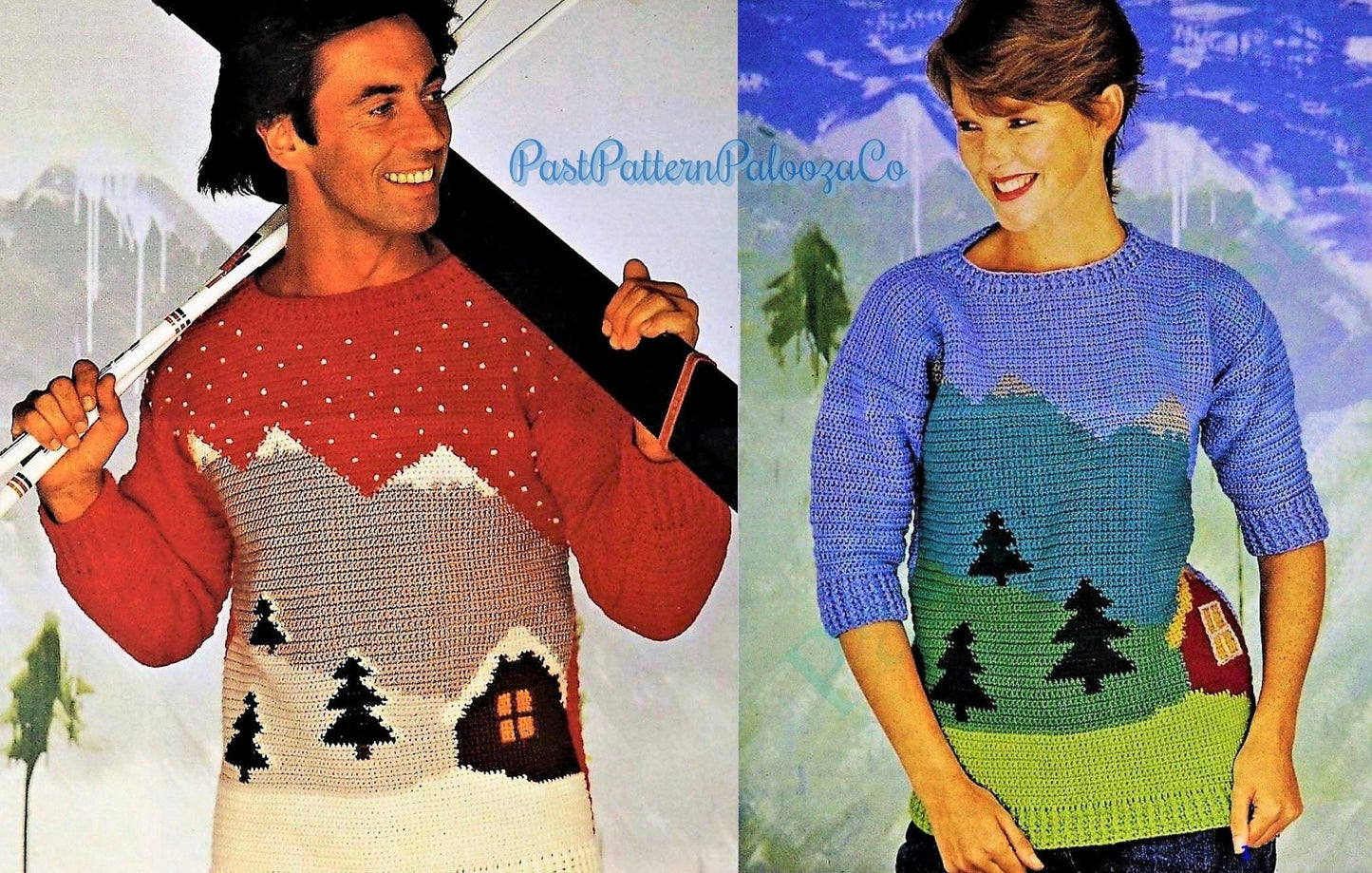 Vintage Crochet Pattern Northern Mountains Picture Sweater Winter and Summer Scene Versions PDF Instant Digital Download Unisex DK