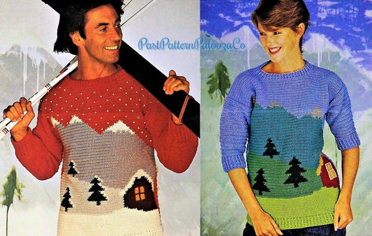 Vintage Crochet Pattern Northern Mountains Picture Sweater Winter and Summer Scene Versions PDF Instant Digital Download Unisex DK