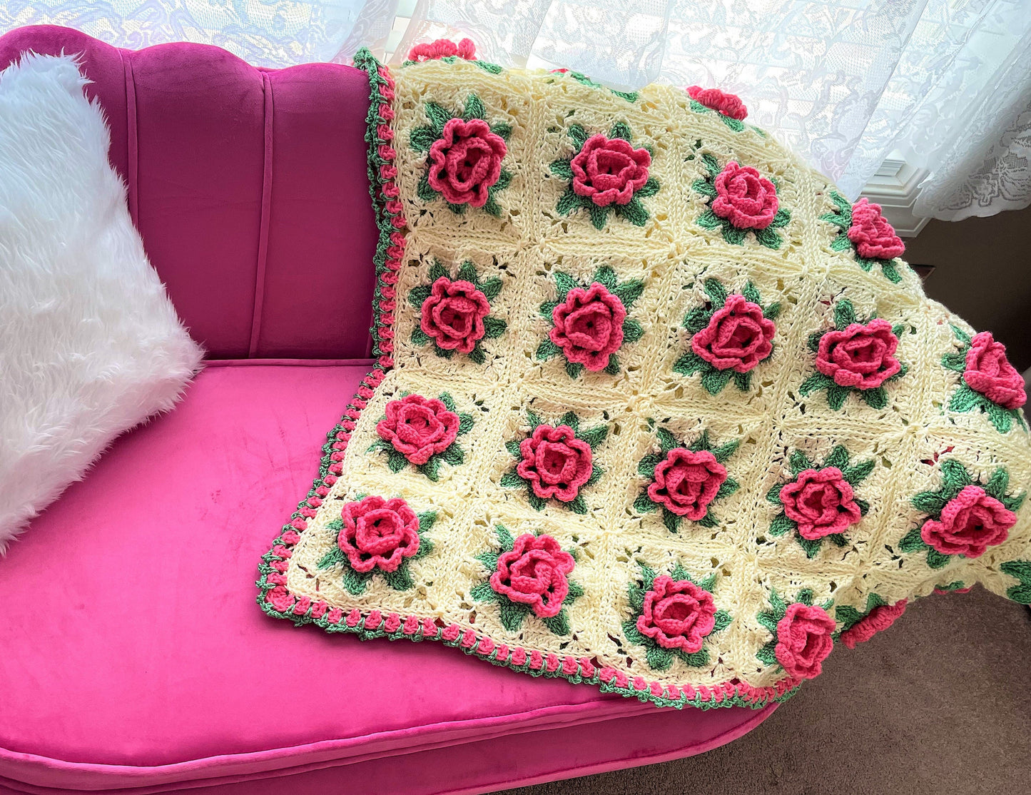Vintage Crochet Pattern Victorian Rose Granny Square Afghan PDF Instant Digital Download Pretty Flower Motif Blanket 10 Ply