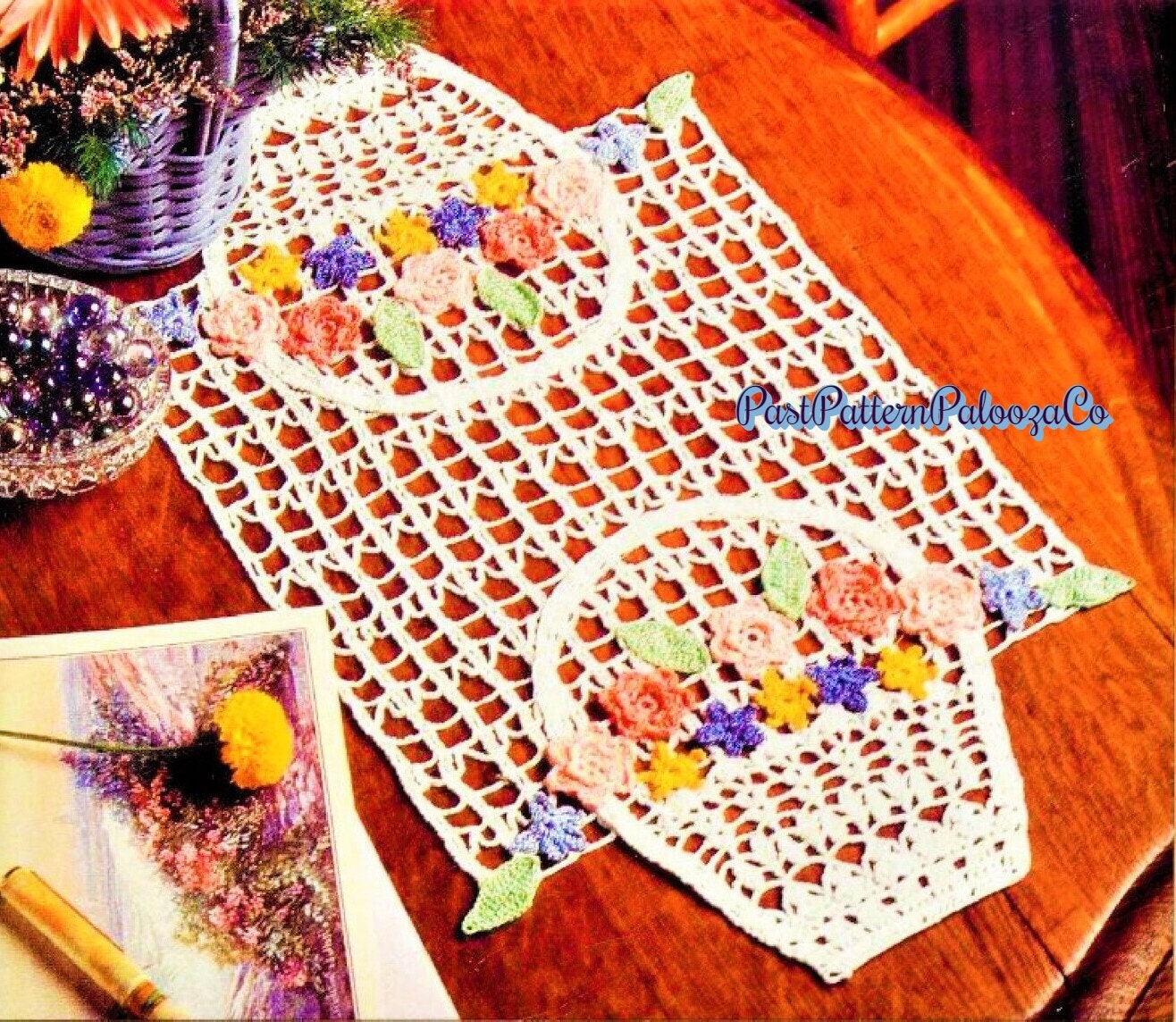 Vintage Crochet Pattern 19" Lacy Spring Easter Flower Baskets Table Centerpiece PDF Instant Digital Download Large Floral Doily Table Mat