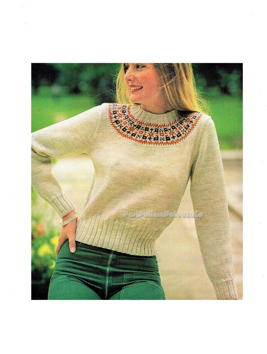 Vintage Knitting Pattern Womens Fair Isle Yoke Sweater Fairisle Pullover Retro 70s PDF Instant Digital Download Ladies Jumper DK