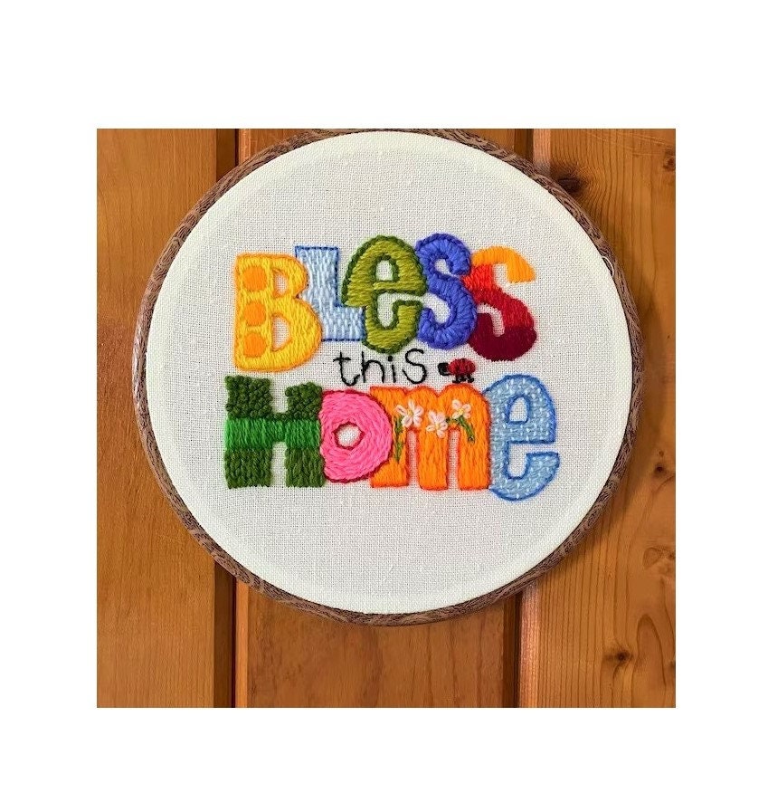 PDF Vintage Crewel Embroidery Bless This Home Pattern Retro 1970s Design Instant Download Mini Stitchery Groovy Retro Sampler Sign 5x7