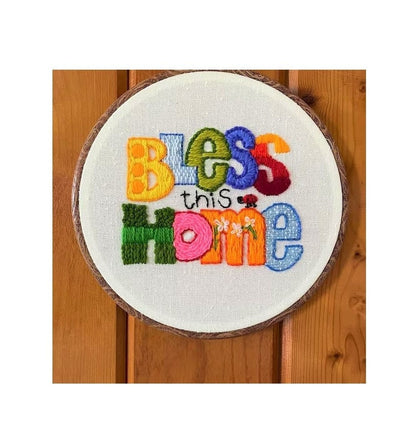PDF Vintage Crewel Embroidery Bless This Home Pattern Retro 1970s Design Instant Download Mini Stitchery Groovy Retro Sampler Sign 5x7