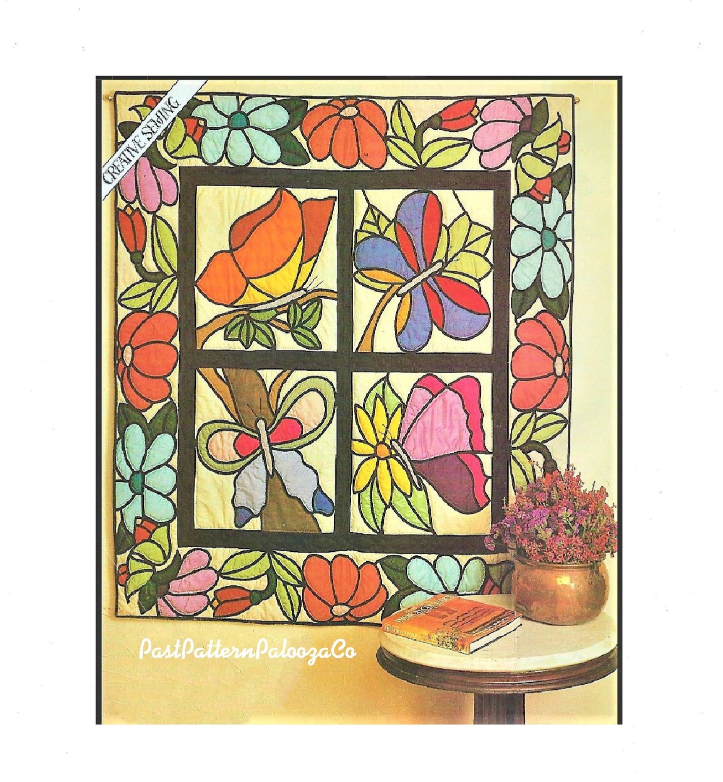 Vintage Sewing Pattern 52" Square Butterflies & Flowers Quilt Wall Hanging PDF Instant Digital Download Stained Glass Window Block Design