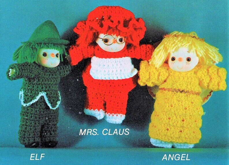 Vintage Crochet Patterns 13" Christmas Yarn Head Dolls Elf Mrs. Santa Claus and Angel Outfits PDF Instant Digital Download Retro 1980s 4 Ply