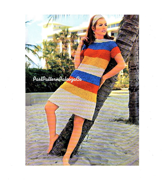 Vintage Knitting Pattern Womens Simple Skimmer Striped Summer Dress PDF Instant Digital Download Groovy Retro 1968 3 Sizes Nubby 10 Ply