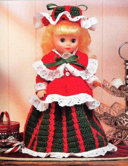 Vintage Crochet Pattern 13" Festive Christmas Music Box Doll Eyelet Fabric Trimmed Outfit PDF Instant Digital Download 10 Ply