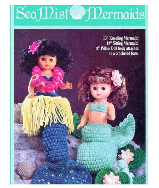 Vintage Crochet Patterns 13" Sea Mist Mermaids Bed Dolls Tail Hawaiian Outfits Standing or Pillow Doll PDF Instant Digital Download 10 Ply