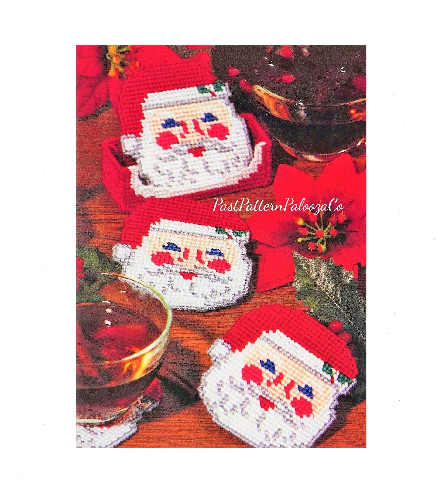 Vintage Christmas Plastic Canvas Pattern Santa Claus Faces Coaster and Holder Set PDF Instant Digital Download