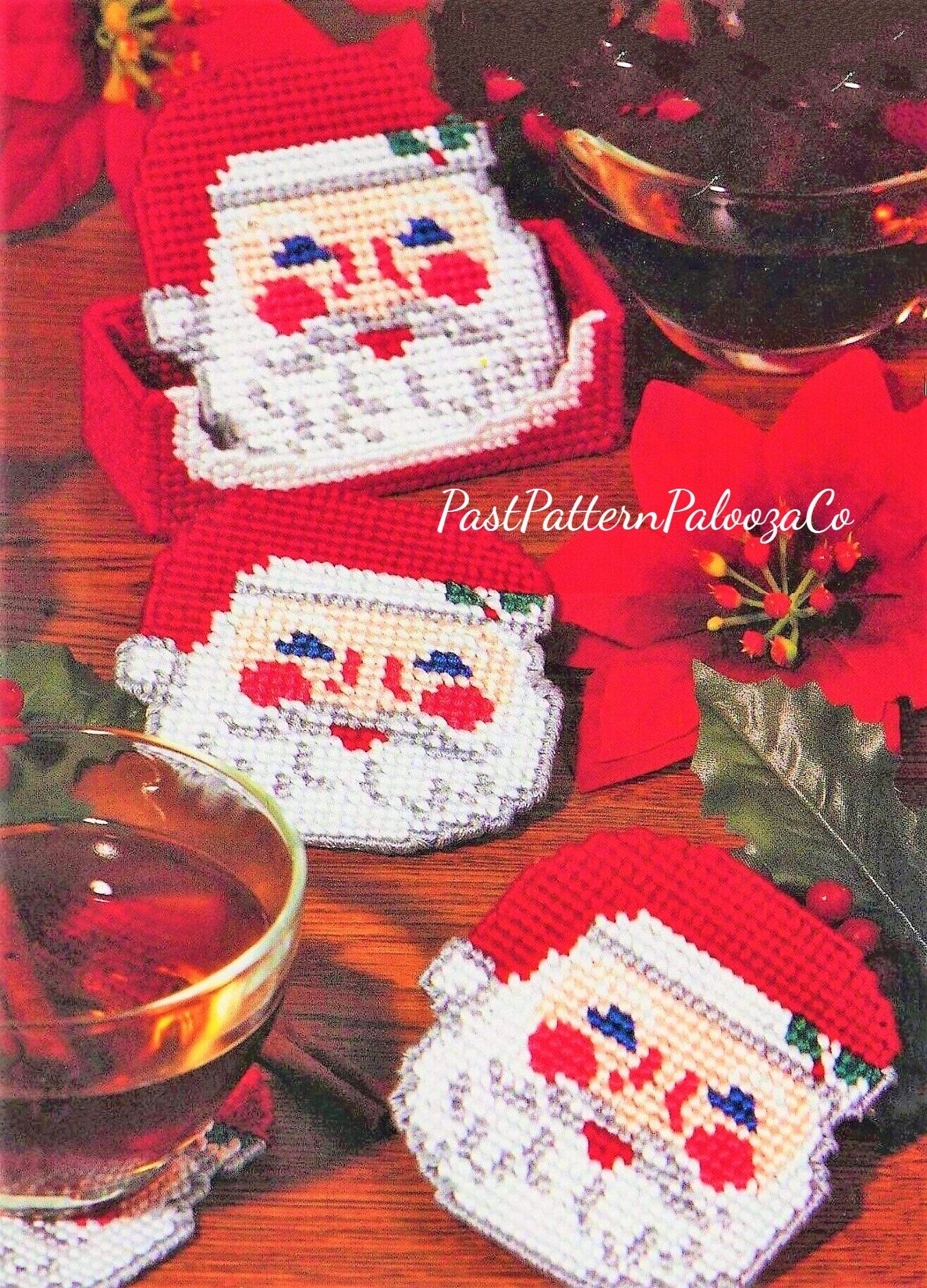 Vintage Christmas Plastic Canvas Pattern Santa Claus Faces Coaster and Holder Set PDF Instant Digital Download