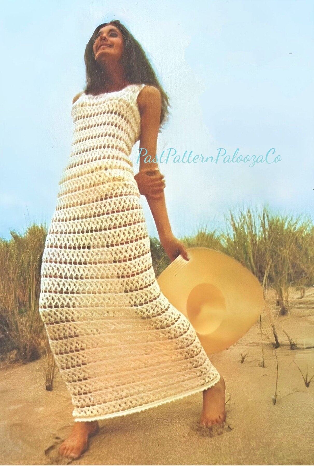 Vintage Crochet Pattern Beach Cover Up Tunic Maxi Dress PDF Instant Digital Download 70s Boho Bohemian Lace Mesh Sea Goddess Seashells