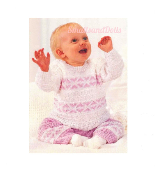 Vintage Knitting Pattern Baby Girl Toddler Sweater Trousers Pants Set PDF Instant Digital Download Fair Isle Hearts 9m-2 yrs DK 8 Ply