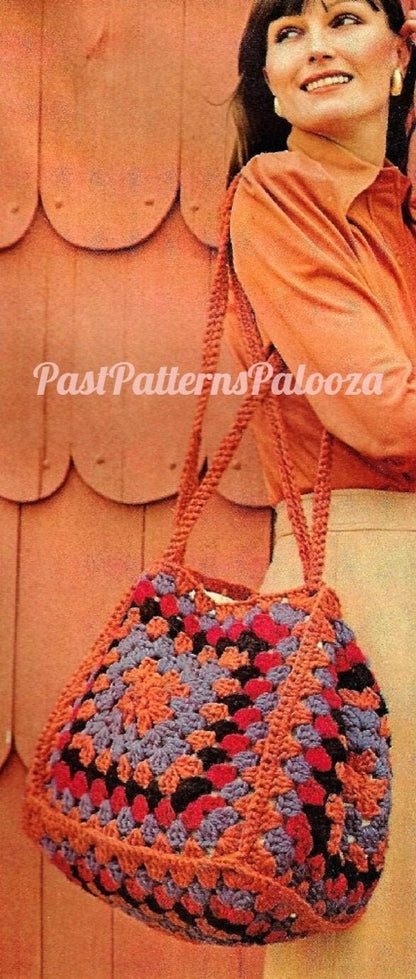 Vintage Crochet Pattern Oversized Granny Squares Handbag Cube Pouch Bag Boho Retro Chic PDF Instant Digital Download Carry All Tote Purse