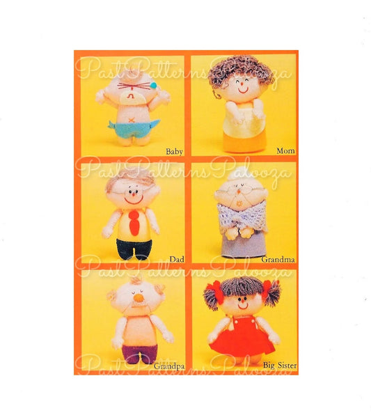 Vintage Sewing Pattern Little Felt Family Soft Doll Figures Set of 6 PDF Instant Digital Download Mom Dad Baby Sister Grandparents 3-4 Inch