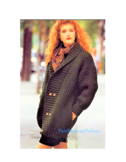 Vintage Knitting Pattern Womens Double Breasted Cocoon Coat PDF Instant Digital Download Oversized Chunky Knit Cardigan 14 Ply