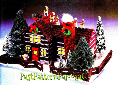 Vintage Plastic Canvas Pattern 8" Christmas Log Cabin Centerpiece PDF Instant Digital Download Santas Village Holiday Display 7 Count