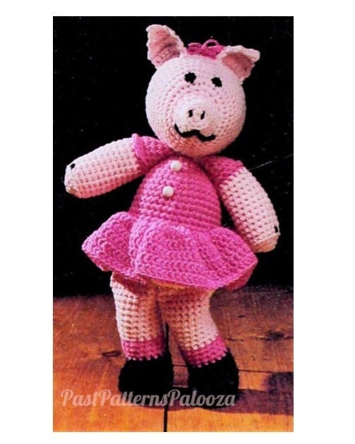 Vintage Crochet Pattern 16" Cute Girl Pig Doll PDF Instant Digital Download Plush Piglet Amigurumi with Dress Soft Stuffed Toy 4 Ply