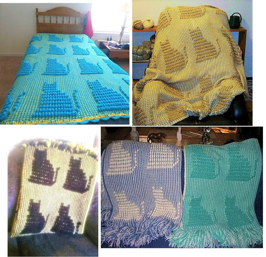 Vintage Crochet Pattern Cluster Stitch Kitty Cat Afghan PDF Instant Digital Download Cat Lovers Blanket Throw 53x70 10 ply