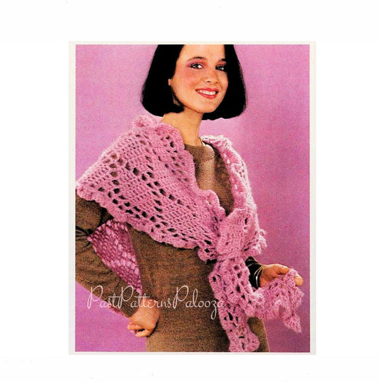 Vintage Crochet Pattern Womens Feminine Shawl Openwork Diamonds PDF Instant Digital Download Ruffled Border Ring Tie Front 5 Ply