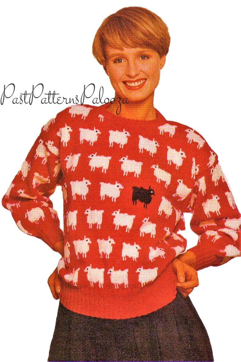 Vintage Knitting Pattern Lady Di Black Sheep Sweater Christmas Novelty Jumper PDF Instant Digital Download Pullover 80s Princess Diana 4ply