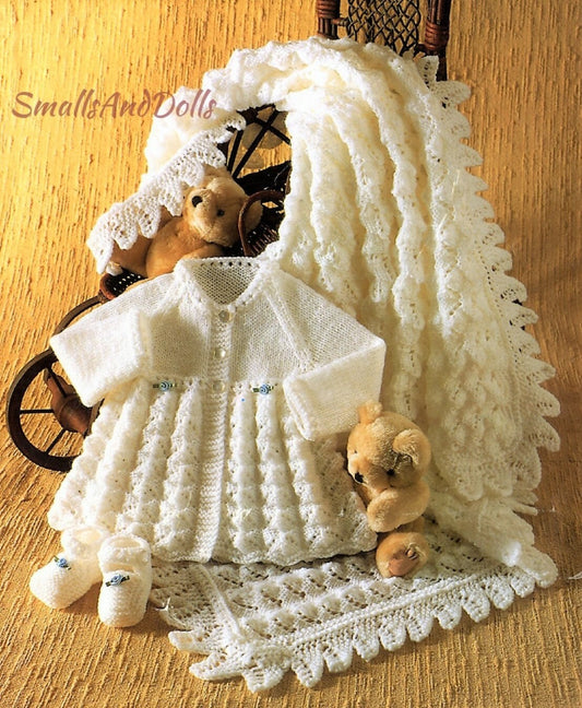 Vintage Knitting Pattern Baby Girl Pretty Matinee Coat Shawl & Shoes Set PDF Instant Digital Download Preemie - 9m DK or 4 Ply