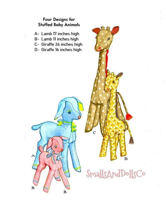 Vintage Sewing Pattern Baby Animals Giraffe Lamb Cotton Fabric Soft Sculpture Toy Doll PDF Instant Digital Download 2 Sizes