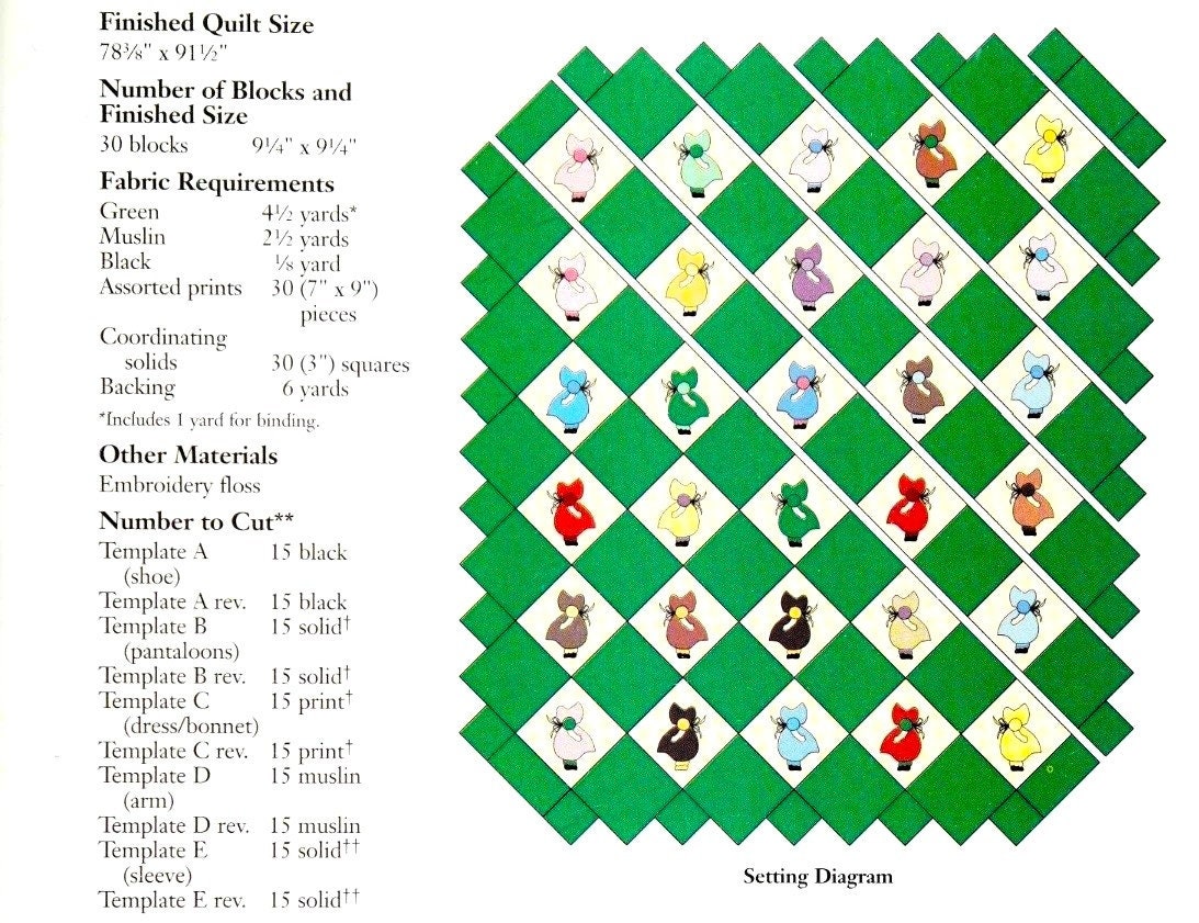 Vintage Sewing Pattern Sunbonnet Sue Windblown Girl Bed Quilt PDF Instant Digital Download Patchwork Applique Blocks Bedspread 78x91