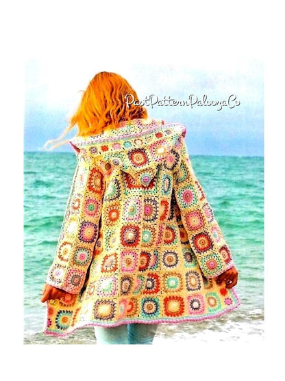 Vintage Crochet Pattern Womens Granny Square Hooded Jacket Patchwork Cardigan Coat PDF Instant Digital Download Retro Boho 4 Ply