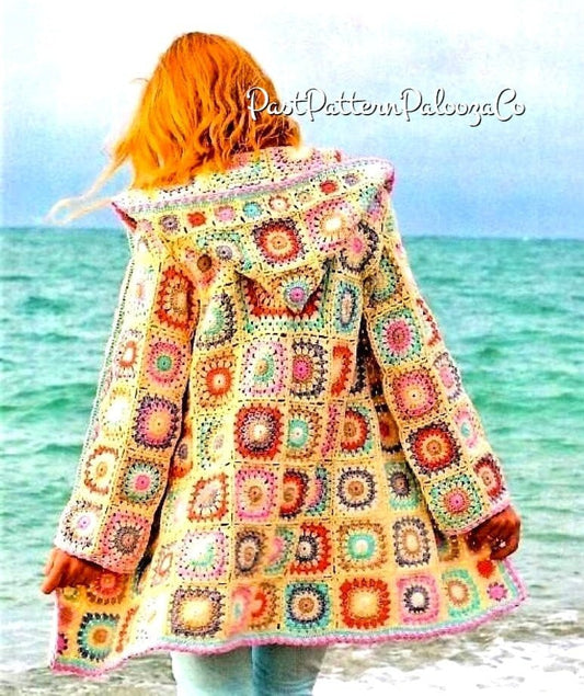 Vintage Crochet Pattern Womens Granny Square Hooded Jacket Patchwork Cardigan Coat PDF Instant Digital Download Retro Boho 4 Ply