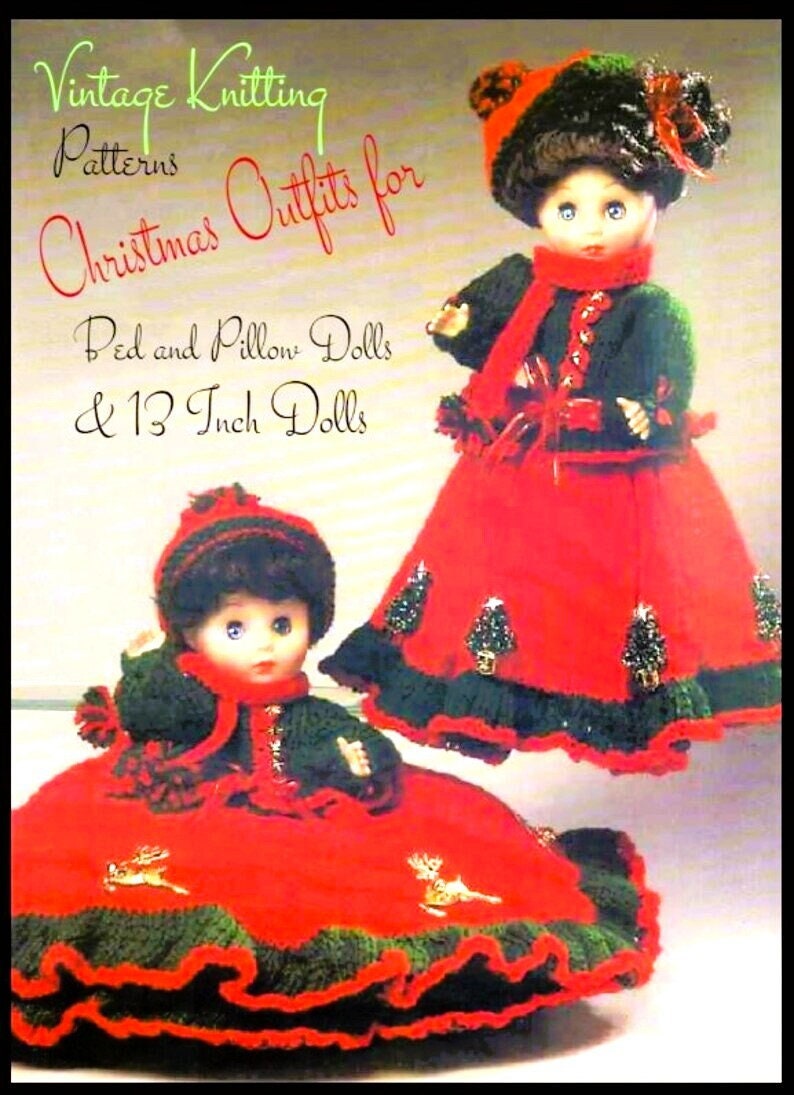 Vintage Knitting Pattern 13" Christmas Bed Doll Pillow Doll & Music Box Doll Dress Outfit 13 Inch Dolls PDF Instant Digital Download DK