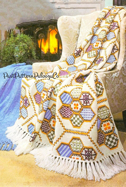 Vintage Crochet Afghan Pattern Patchwork Embroidered Tunisian Stitch PDF Instant Digital Download Hexagon Motif Design 63x78 10 Ply