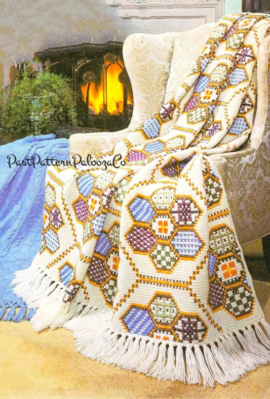 Vintage Crochet Afghan Pattern Patchwork Embroidered Tunisian Stitch PDF Instant Digital Download Hexagon Motif Design 63x78 10 Ply