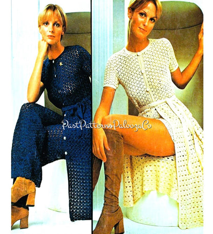 Vintage Crochet Pattern Lacy Duster Coat Dress Pants Shorts Suit Set Pantsuit Outfit PDF Instant Digital Download 70s Boho Chic 4 Ply